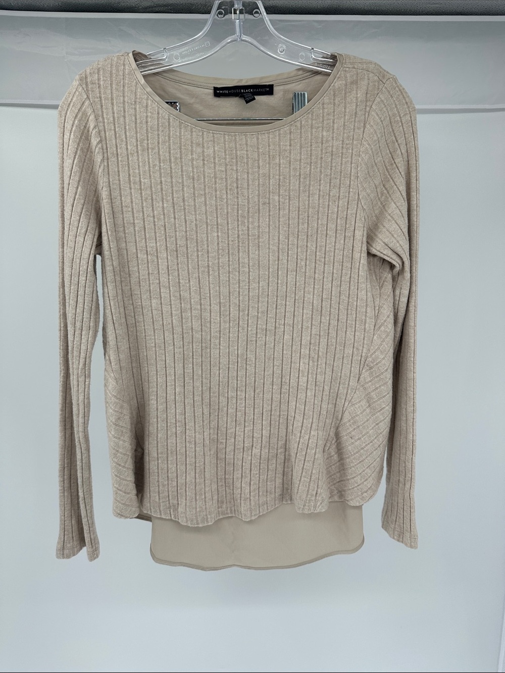 White House Black Market Beige Ribbed Layered Long-Sleeve Top